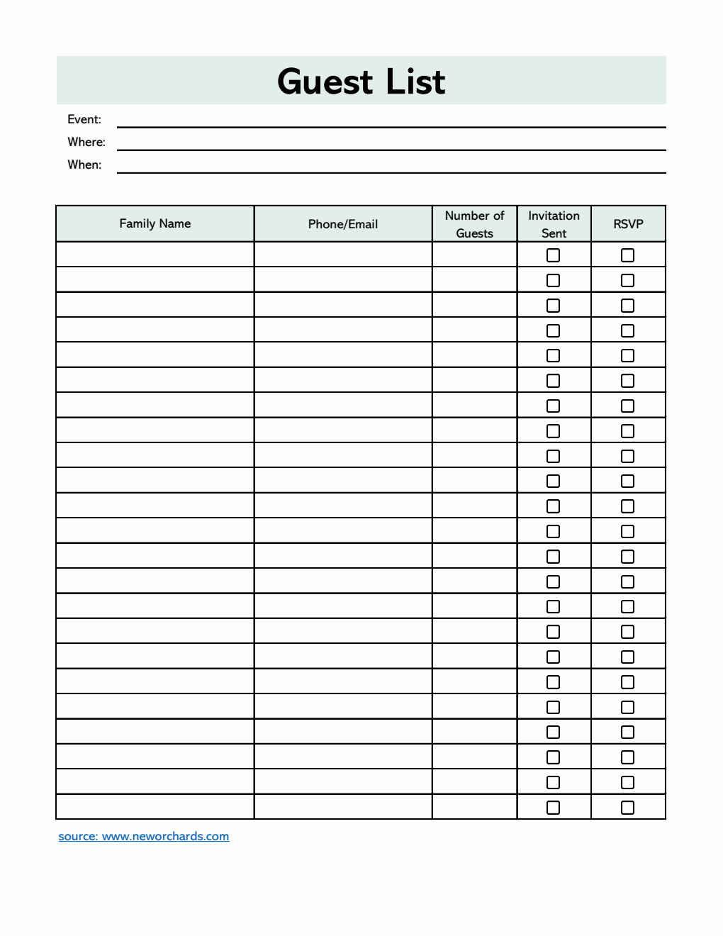 Simple Guest List Template | Free Download in Excel