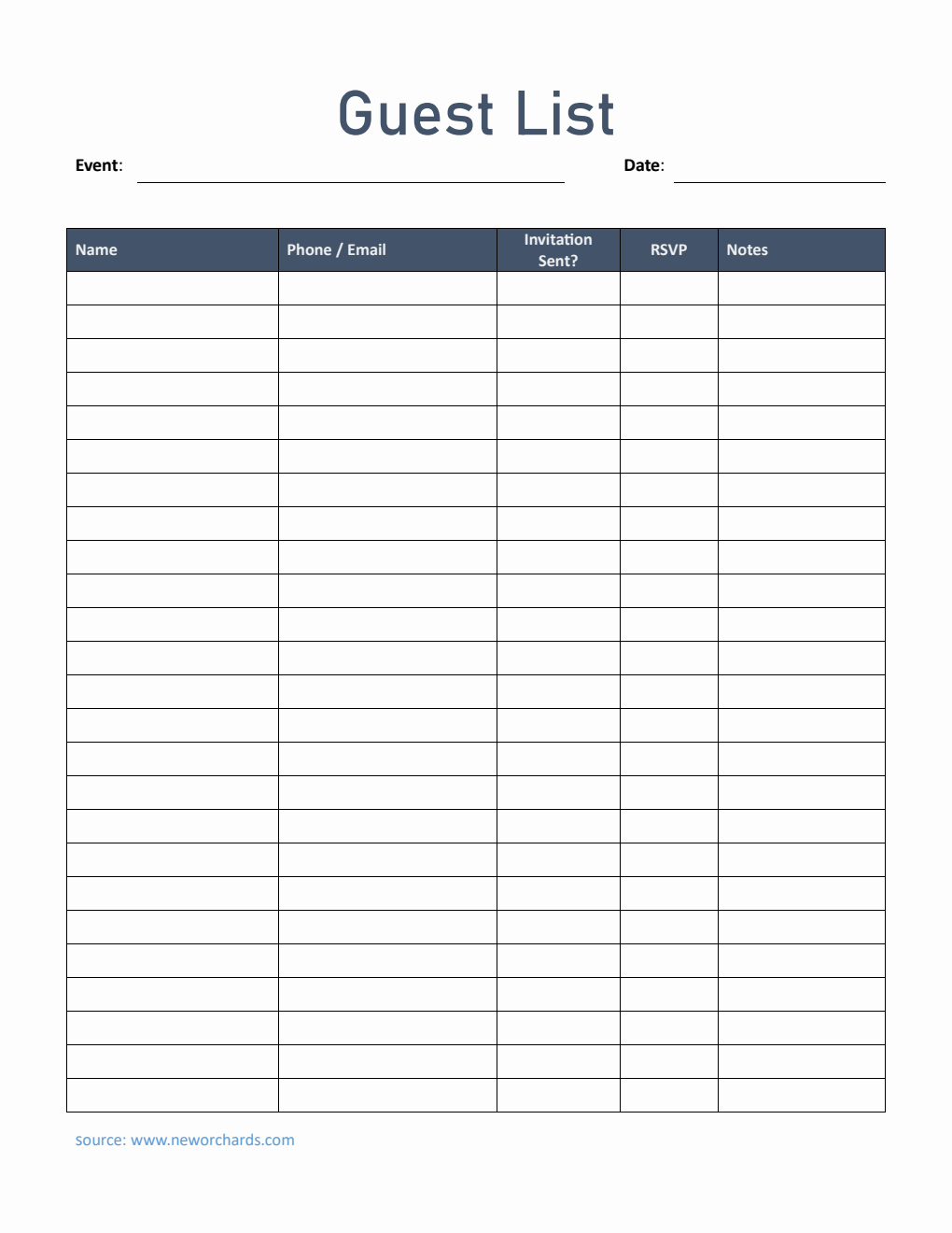 Guest List Template in Word (Classic)