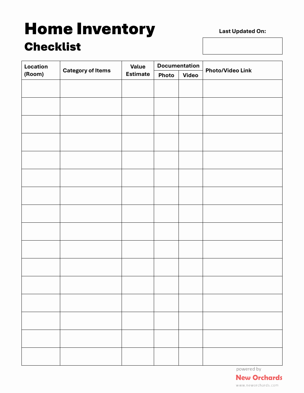 Home Inventory Checklist Template Printable in PDF