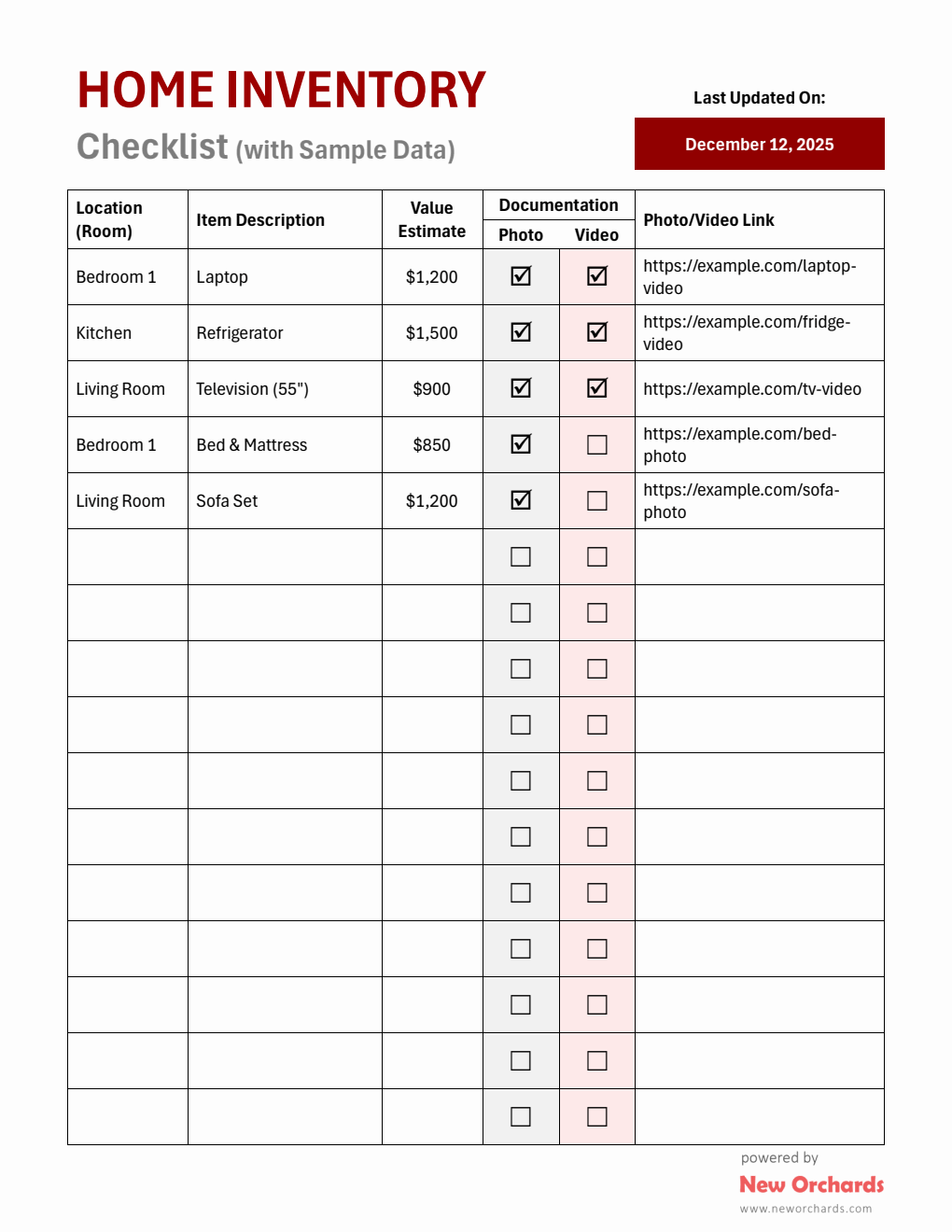 Home Inventory Checklist Template Downloadable in Word