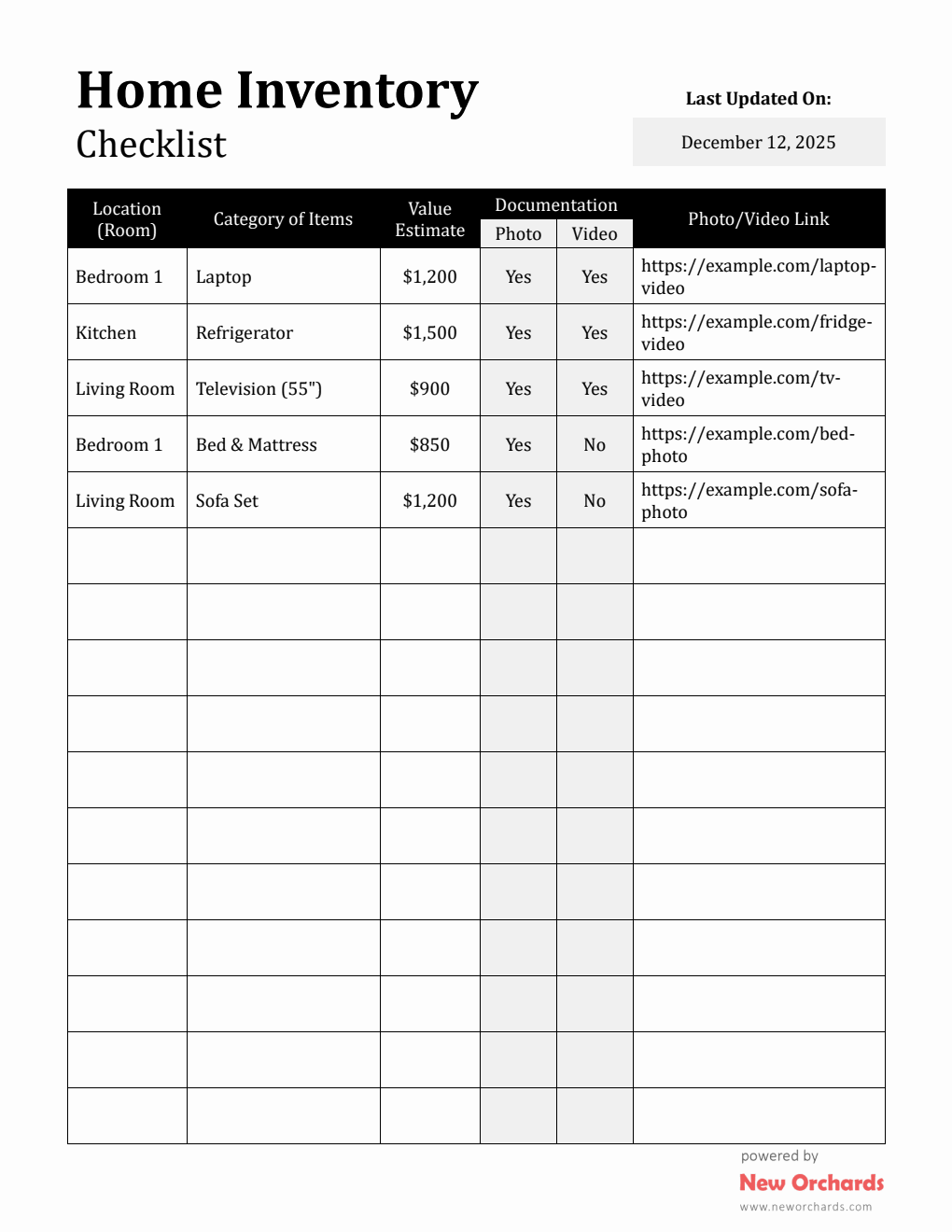 Home Inventory Checklist Template Editable in Word