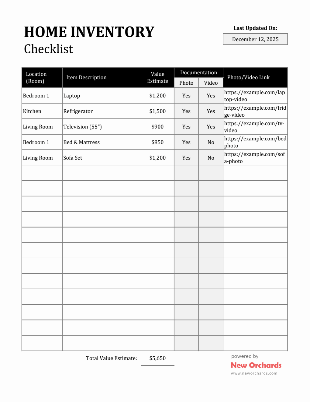 Excel Home Inventory Checklist | Free Editable Template