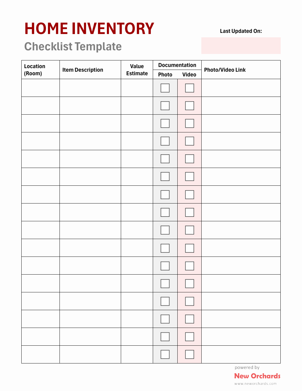 Home Inventory Checklist Template Downloadable in PDF