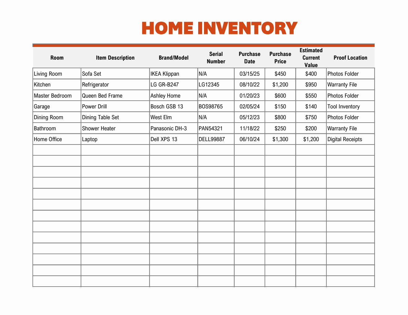 Excel Home Inventory Template (2 Page Layout)