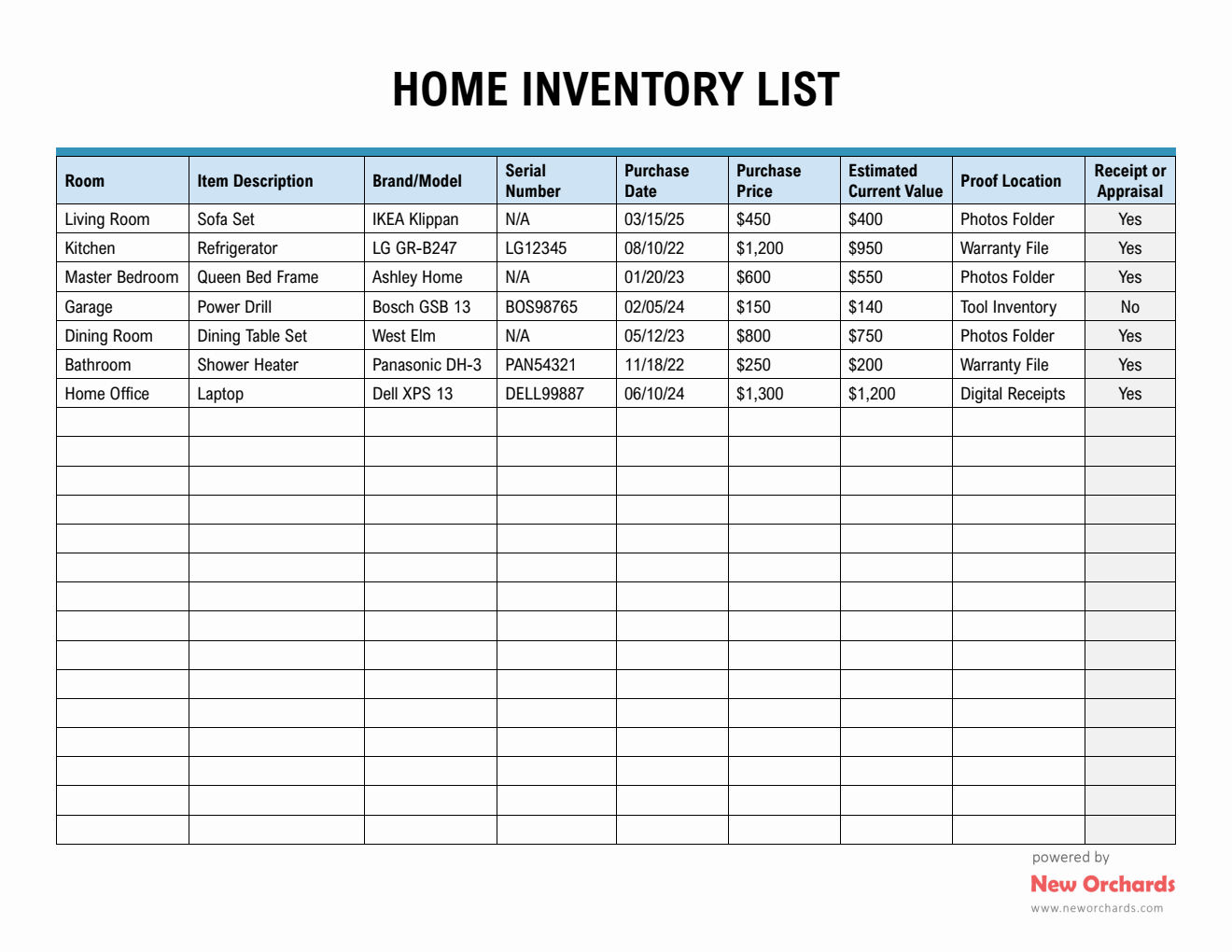 Home Inventory List Template Word (Landscape)