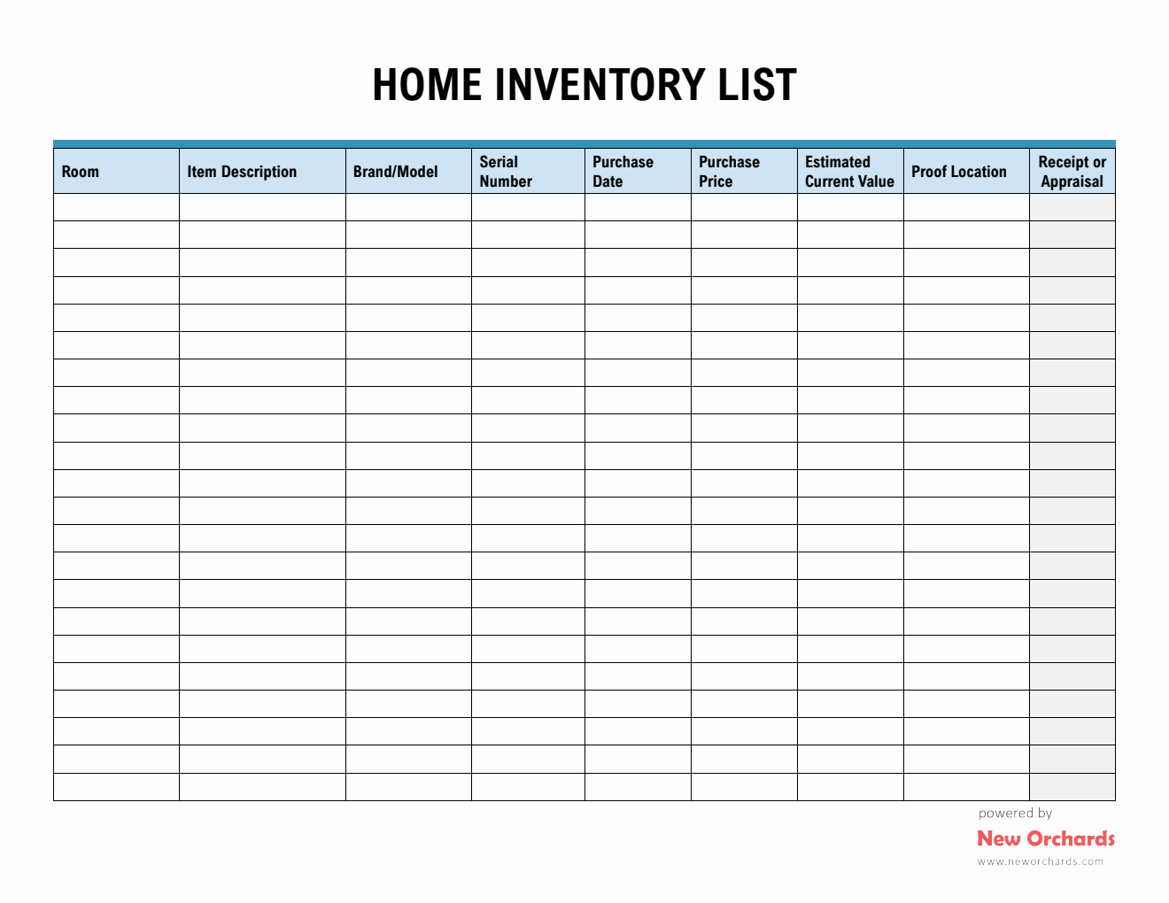 Home Inventory List Template PDF (Landscape)