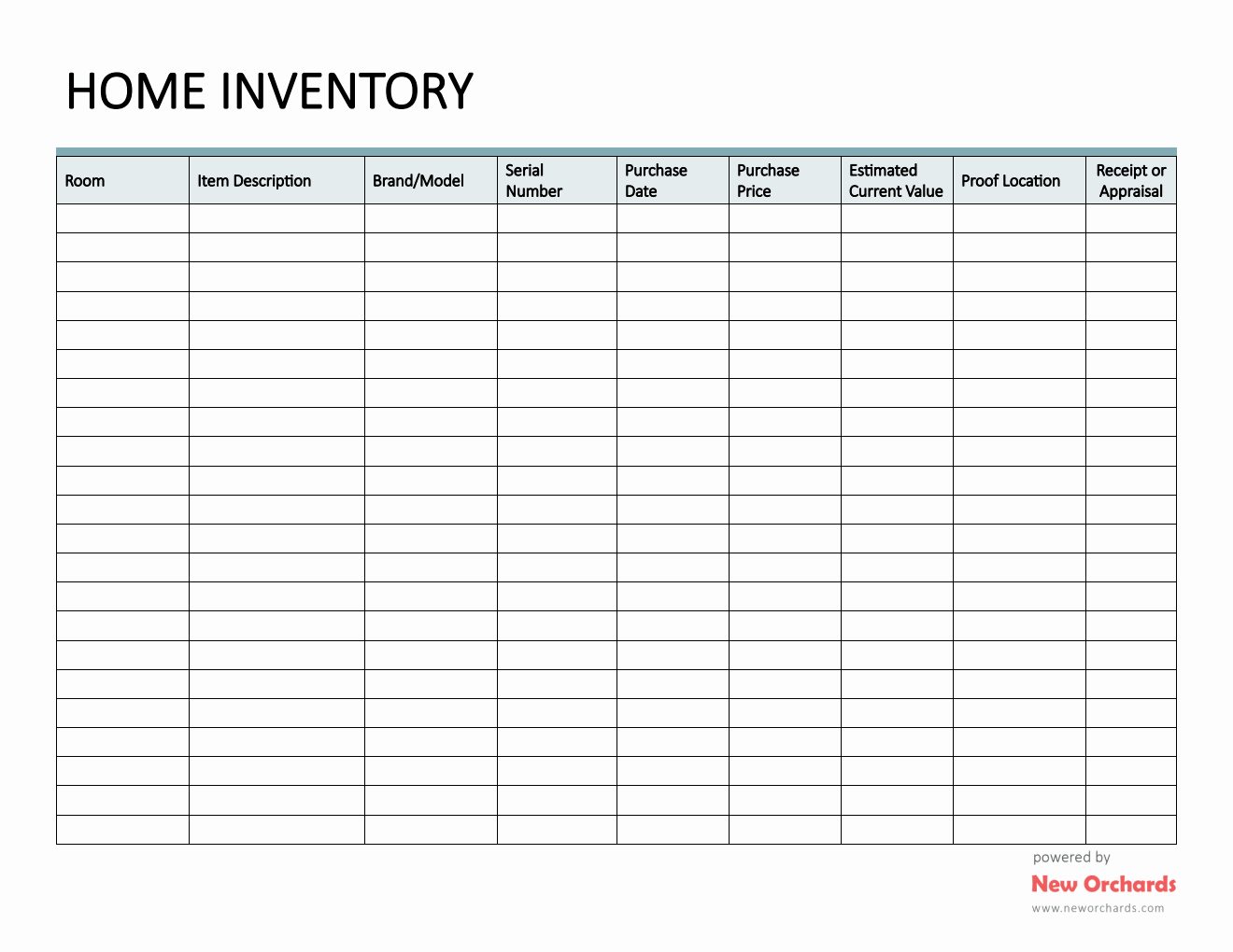 Home Inventory List Template Word (Fillable)