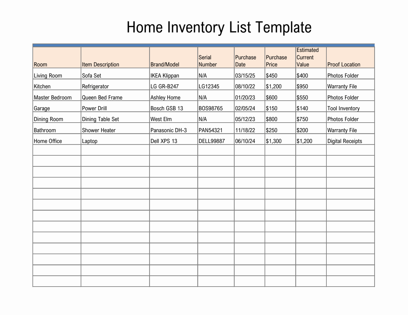 Excel Home Inventory Template (Editable)