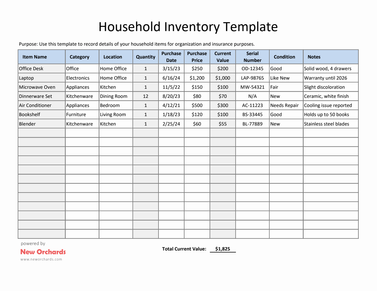 Household Inventory | Free  in Excel Spreadsheet