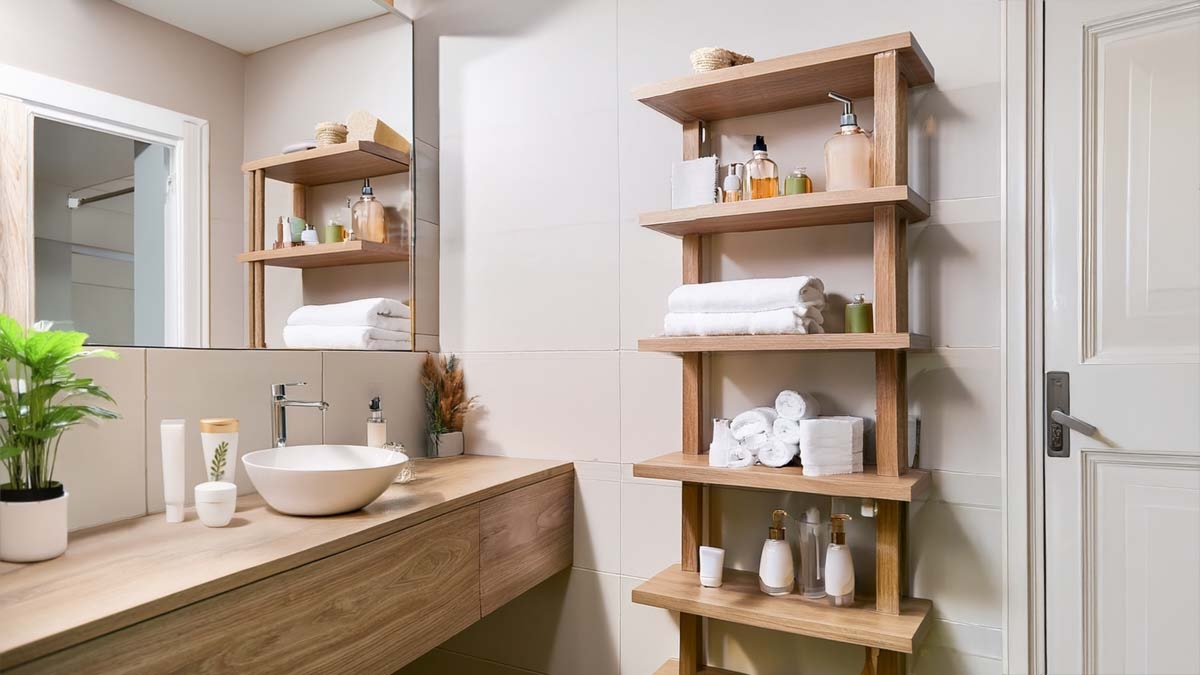Modern Bathroom With Vanity And Shelves