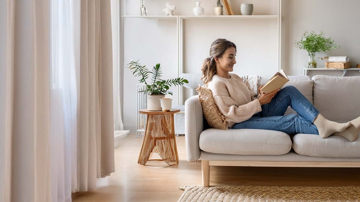 Woman Reading Book On Sofa