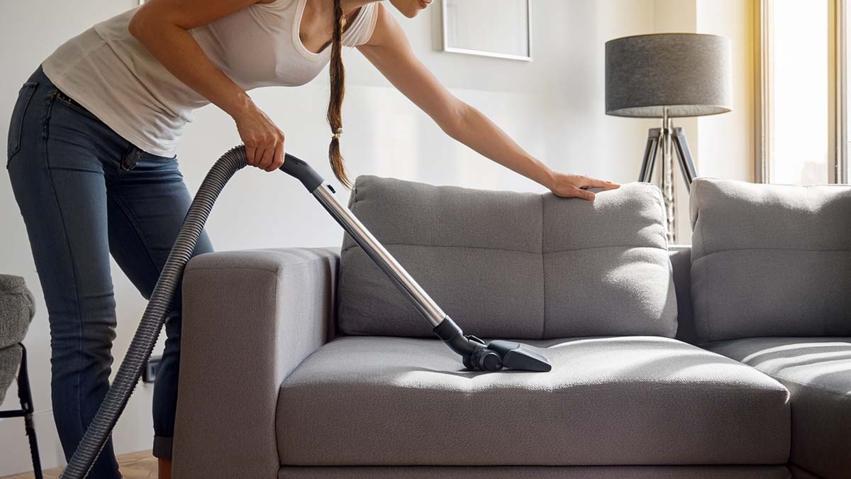 Woman Vacuuming Gray Sofa