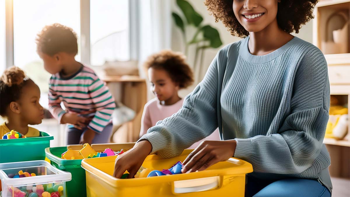 Family Tidying Up Colorful Toys