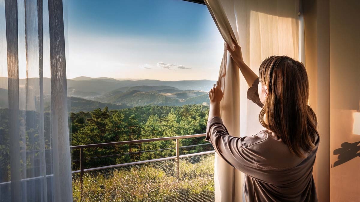 Woman Opening Curtains