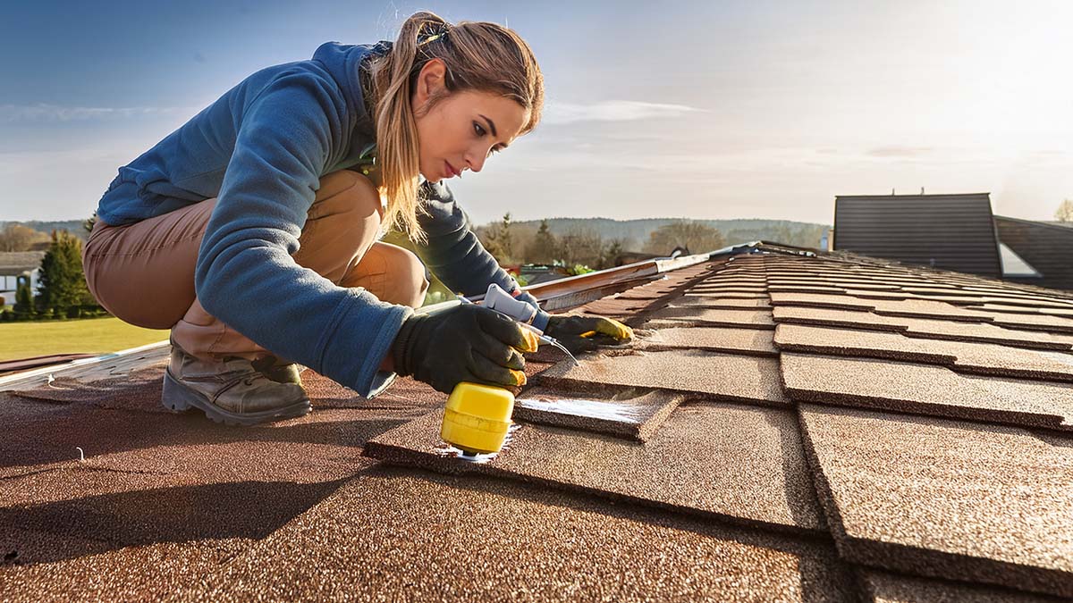 Woman Repairing Roof In Clear Weather