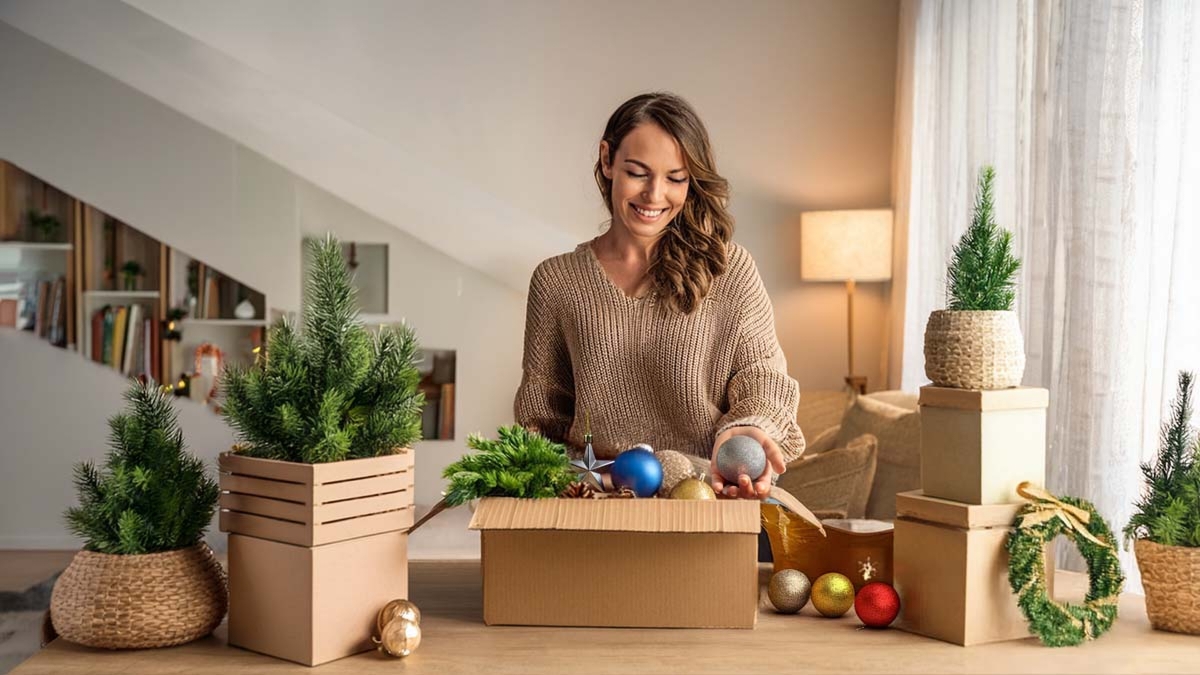 Woman Unpacking Christmas Decor