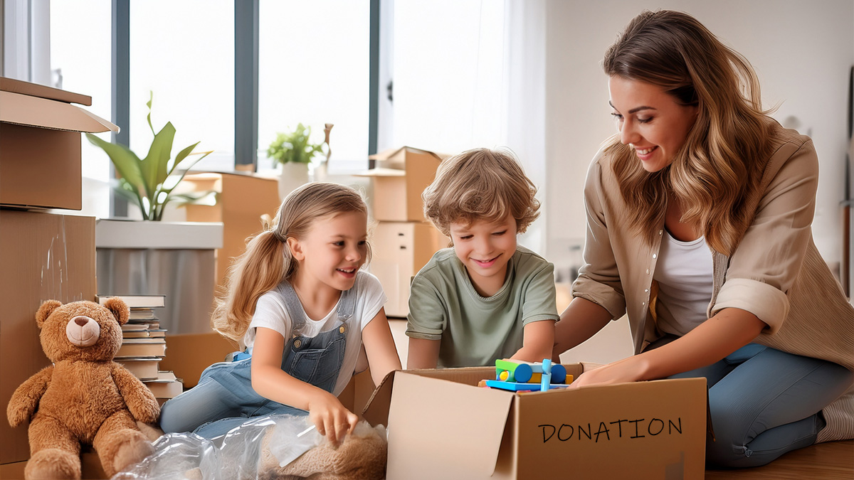 Family Happily Sorting Donation Items