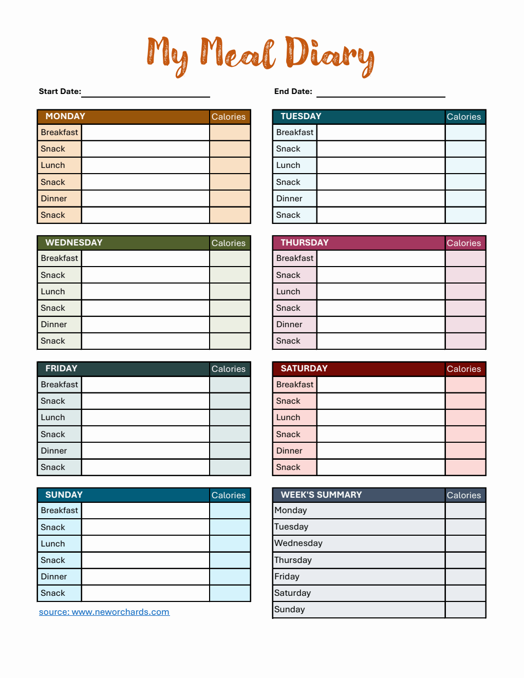 Free  Meal Diary Template with Calorie Tracking Excel