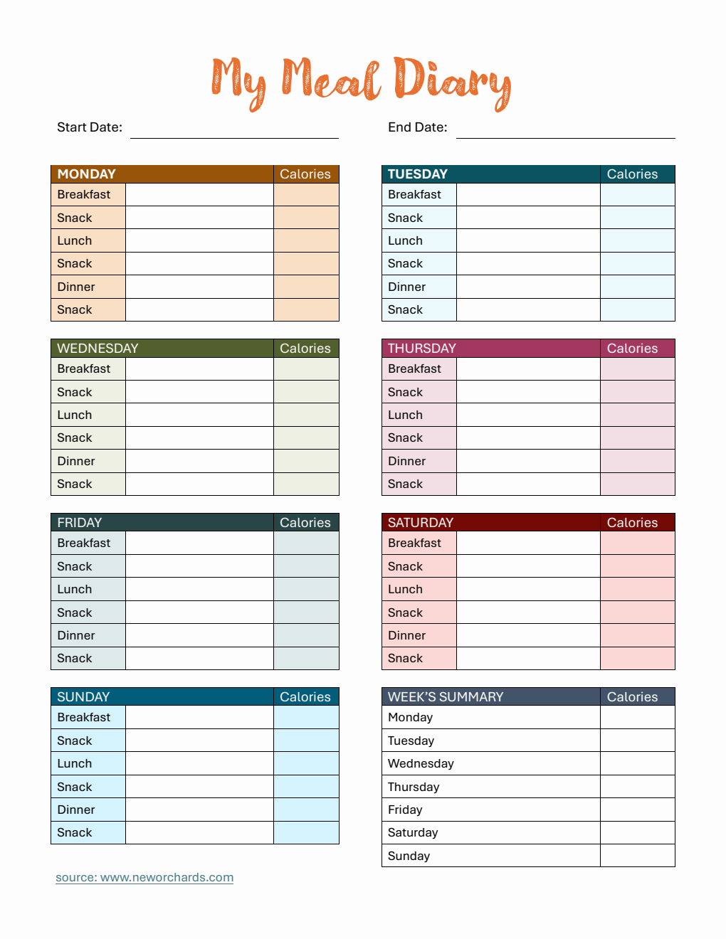 Free  Meal Diary Template with Calorie Tracking PDF