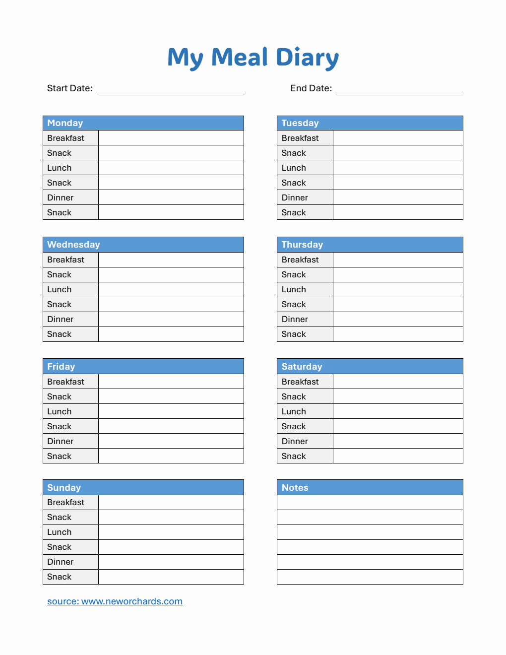 Free  Meal Diary Template PDF