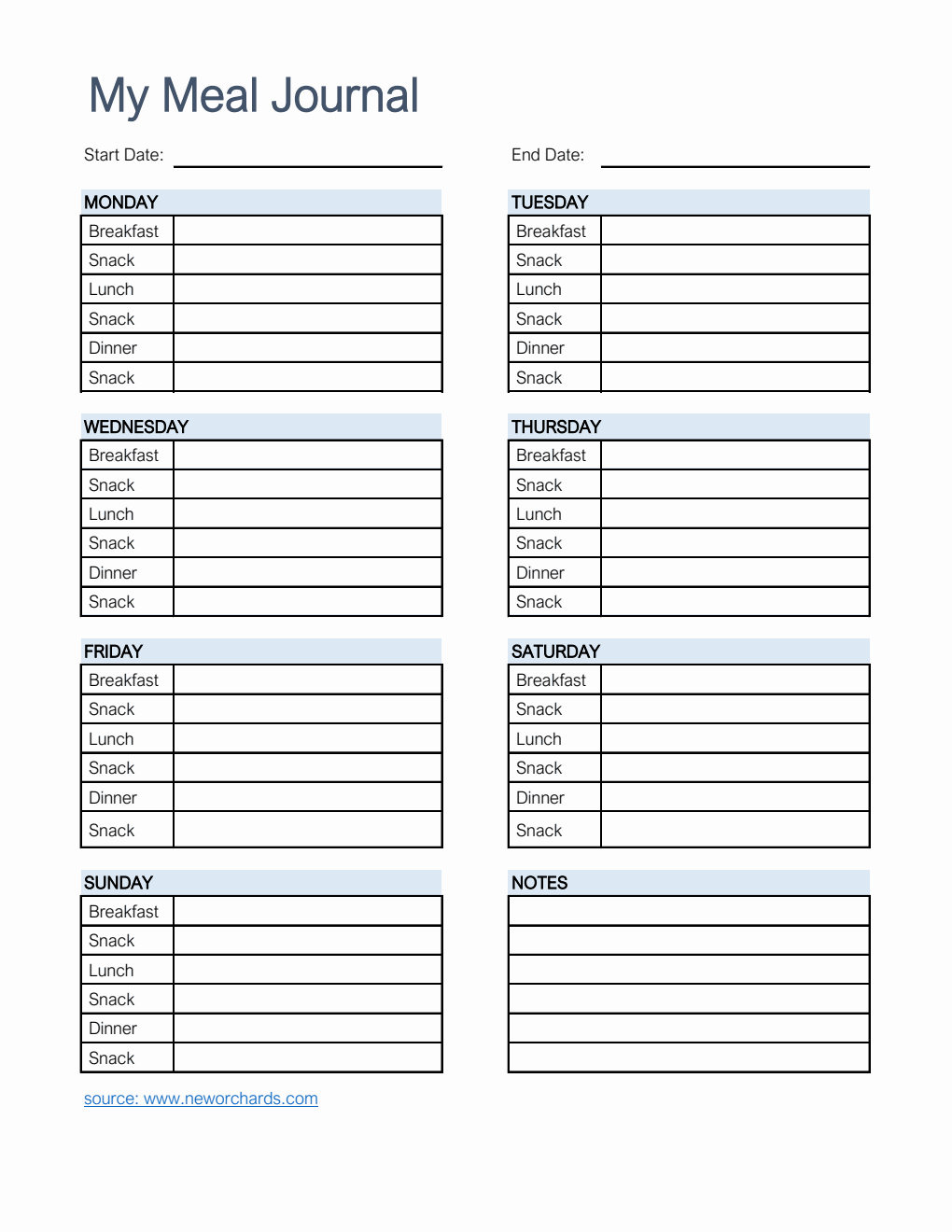  Meal Journal Excel Template