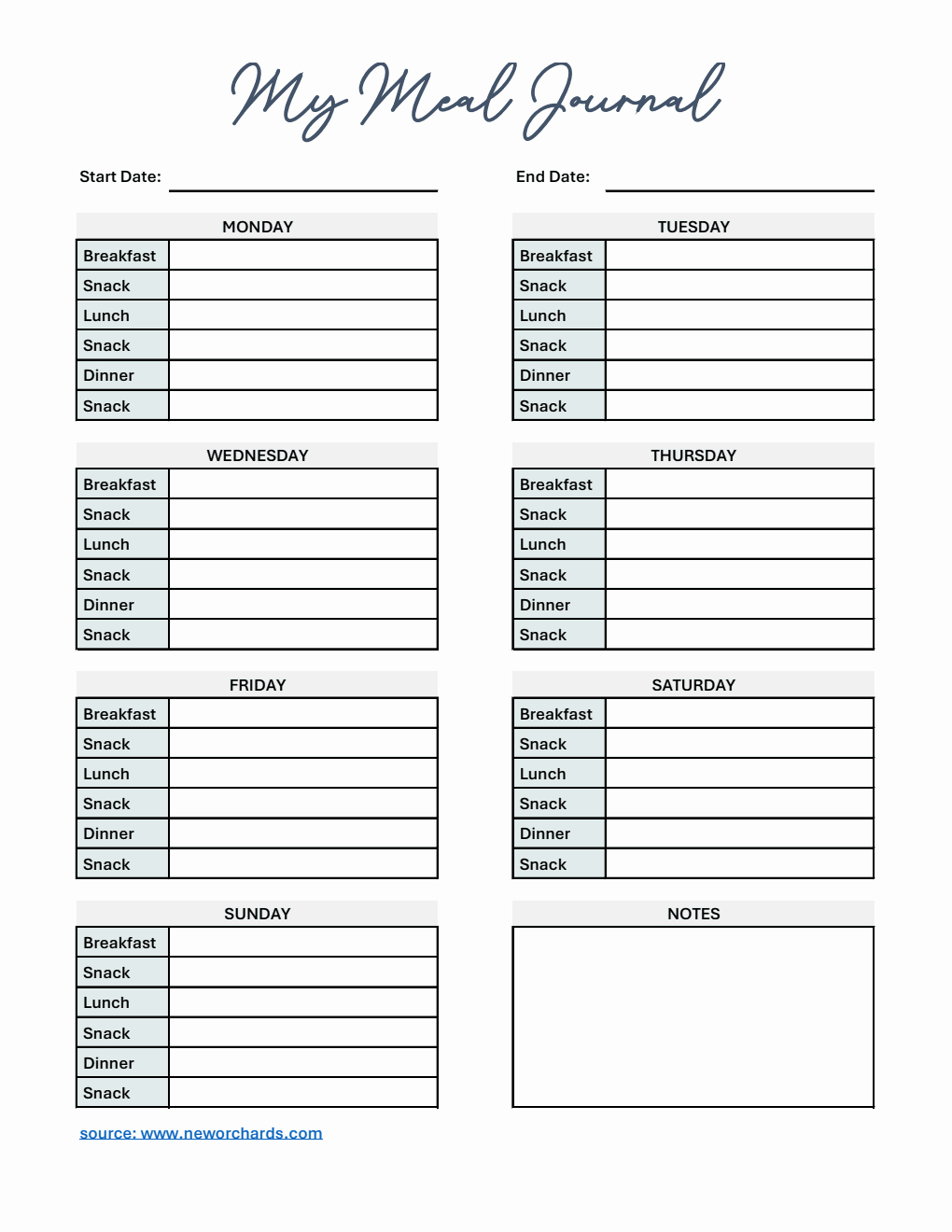 Editable Meal Journal Excel Template