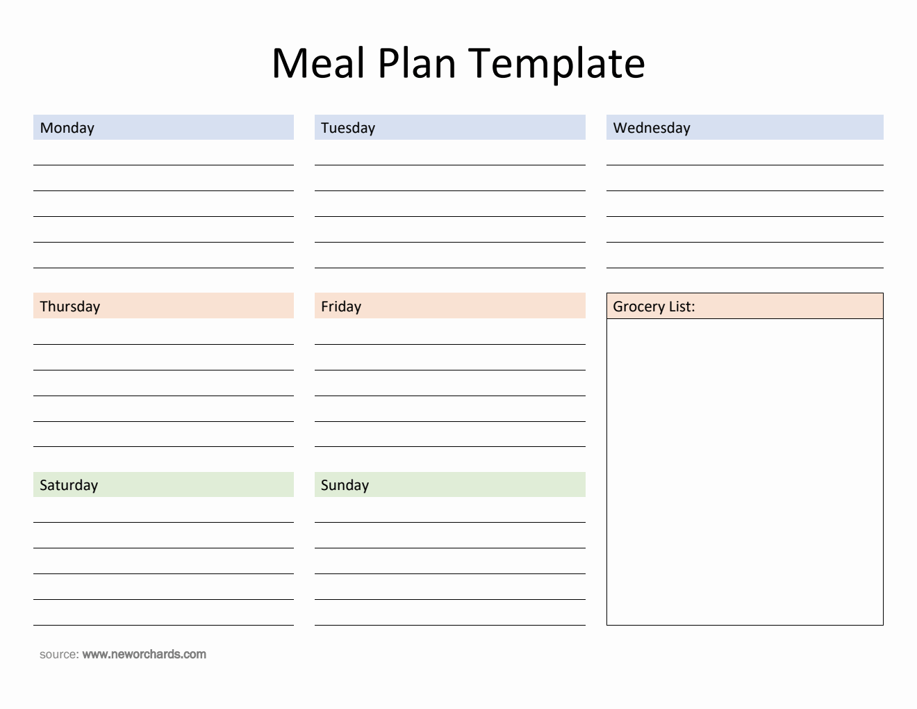 Free Editable Meal Plan Template with Grocery List in PDF