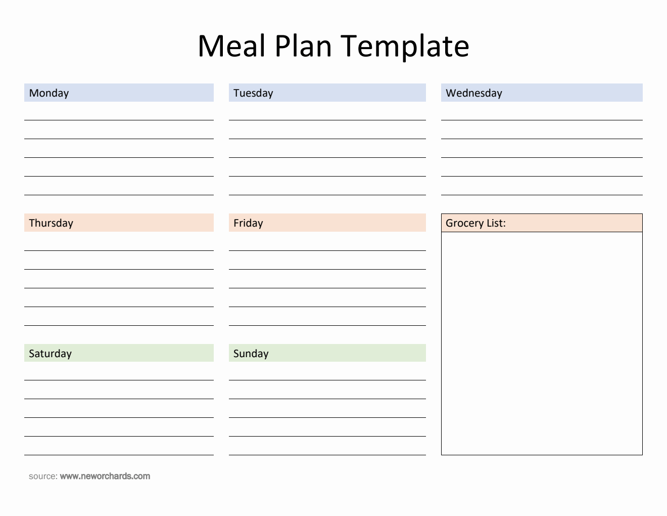Free Editable Meal Plan Template with Grocery List in Word