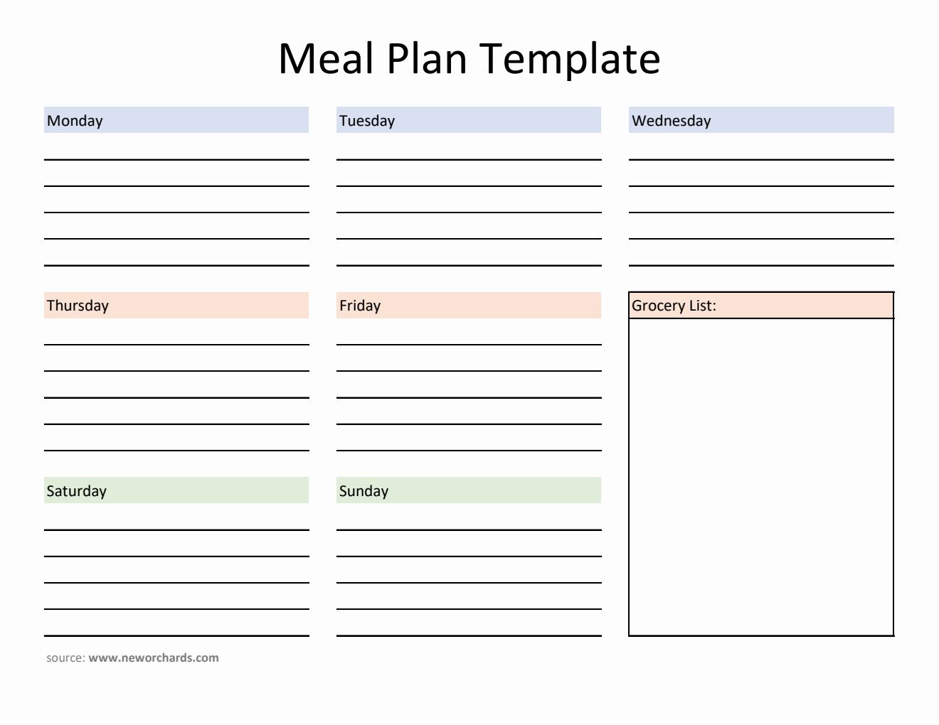Free Editable Meal Plan Template with Grocery List in Excel