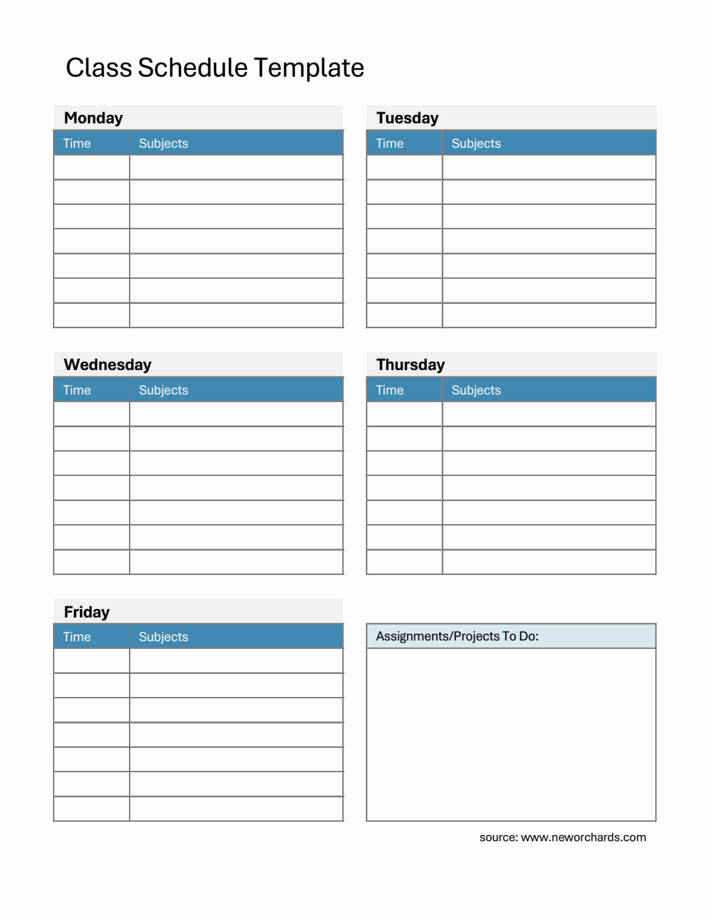 Customizable Monday to Friday Class Schedule Template with Assignment Tracker (Excel)