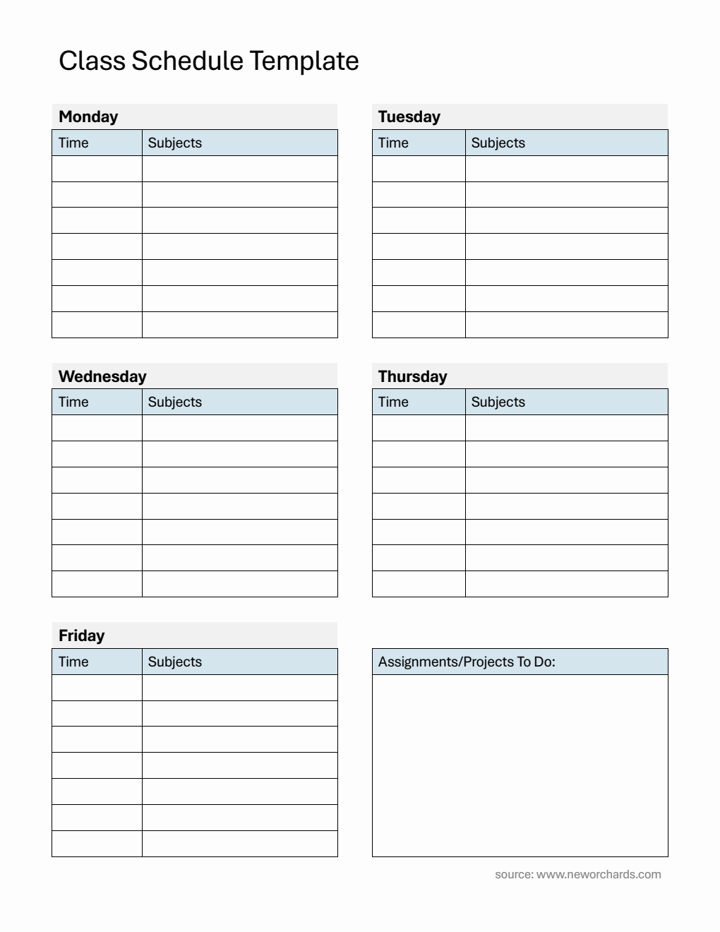 Customizable Monday to Friday Class Schedule Template with Assignment Tracker (Word)