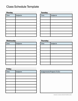 Customizable Monday to Friday Class Schedule Template with Assignment Tracker (Word)