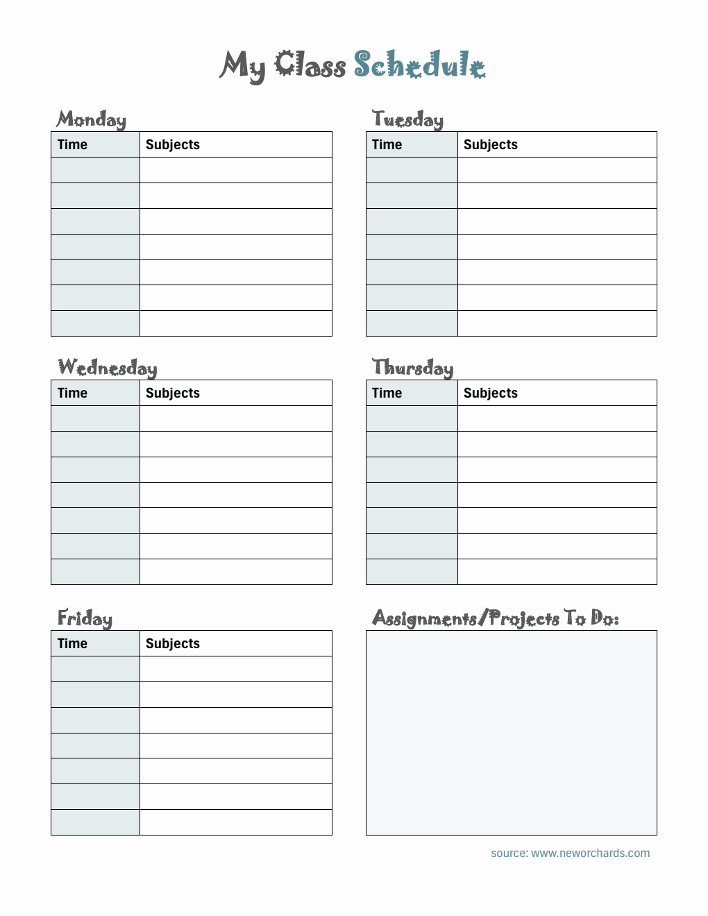 Printable Monday to Friday Class Schedule Template with Assignment Tracker (Word)