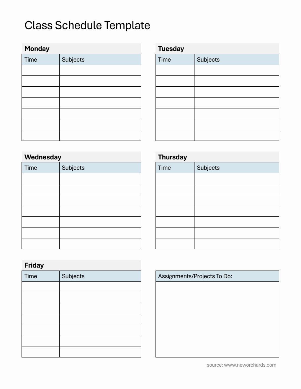 Customizable Monday to Friday Class Schedule Template with Assignment Tracker (PDF)