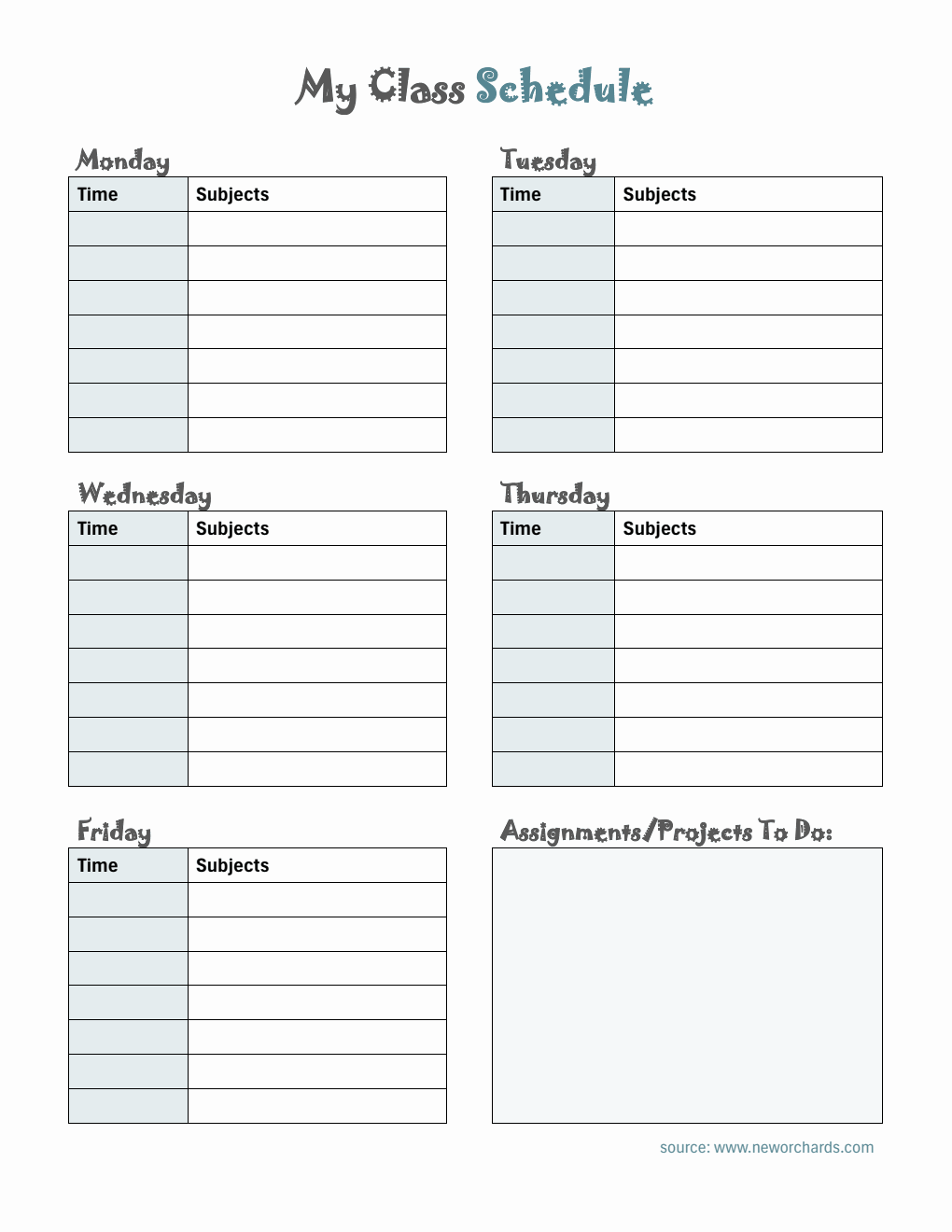 Printable Monday to Friday Class Schedule Template with Assignment Tracker (PDF)