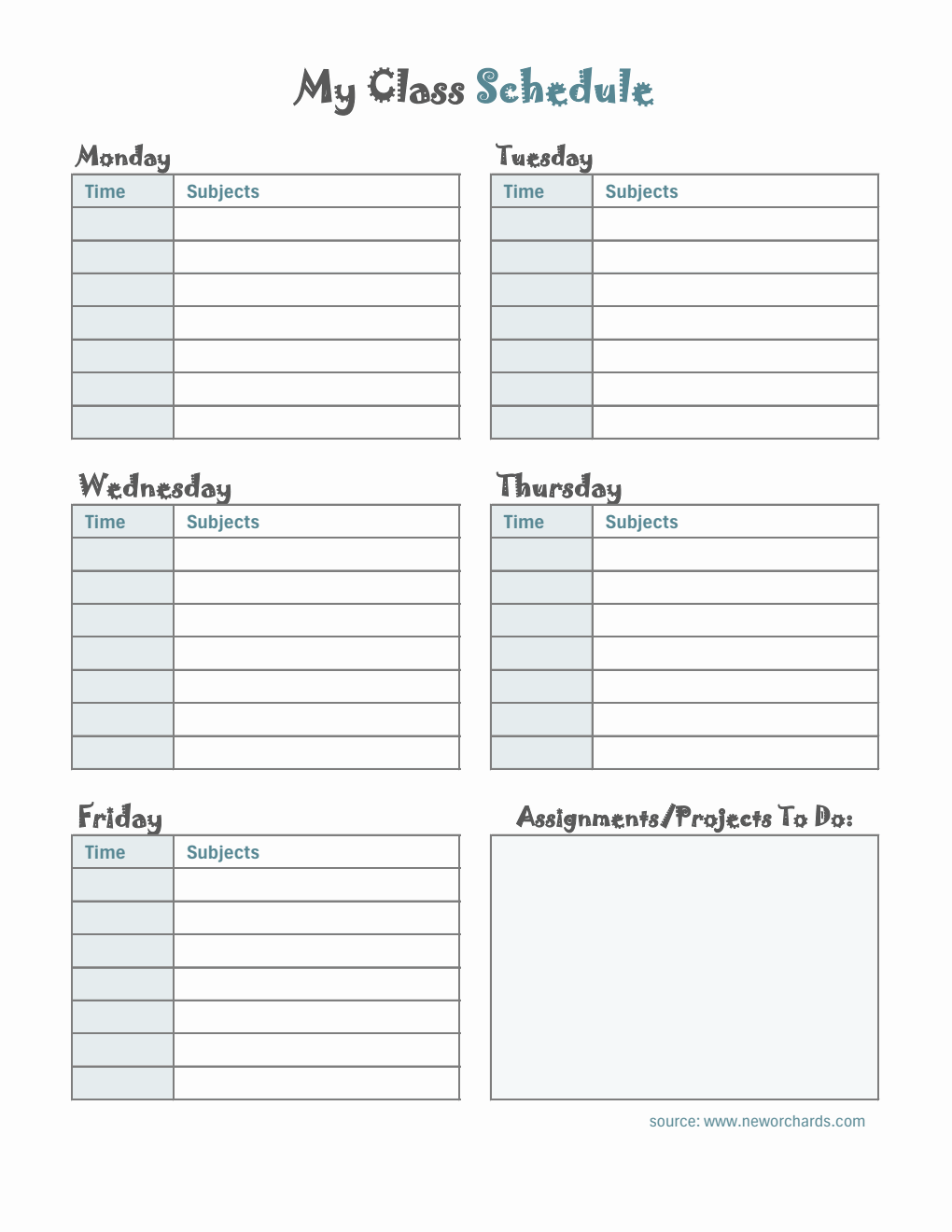 Printable Monday to Friday Class Schedule Template with Assignment Tracker (Excel)