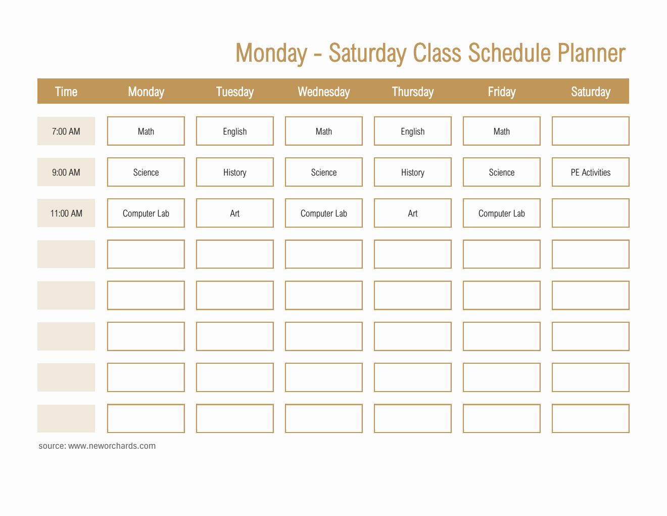 Customizable Monday–Saturday Class Schedule Planner (Excel)