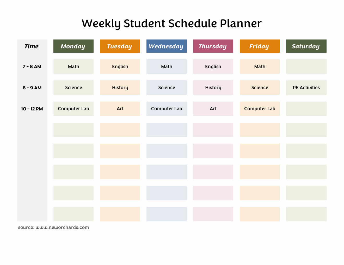 Downloadable Monday–Saturday Class Schedule Planner (Excel)