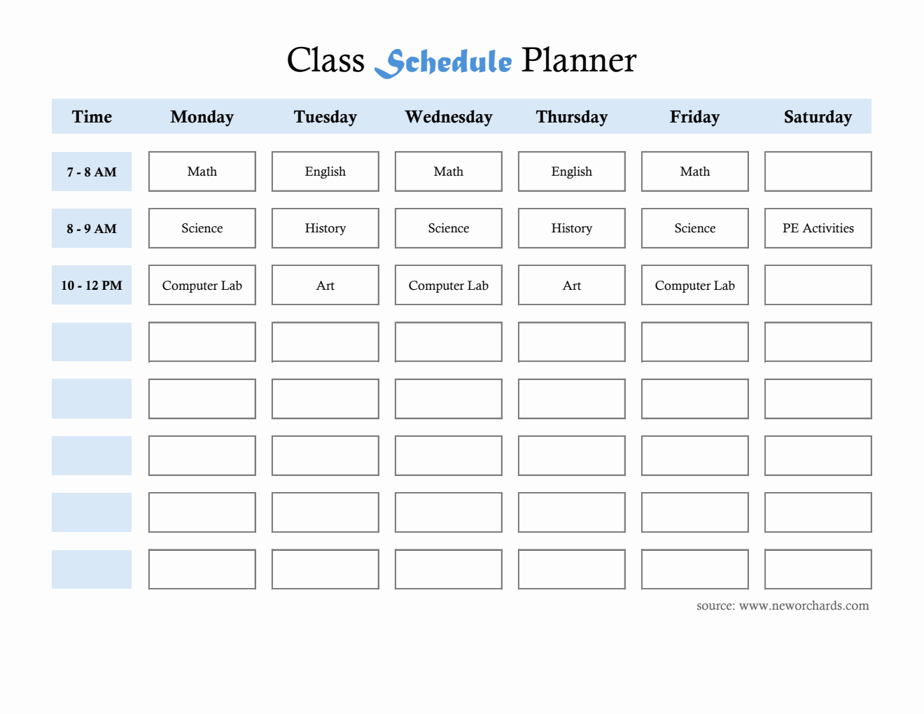 Editable Monday–Saturday Class Schedule Planner (Excel)