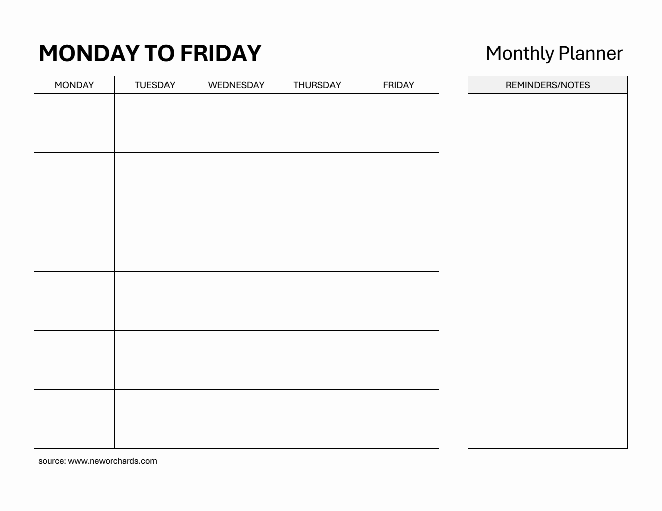 Printable Monthly Planner (Monday to Friday) - Word Template