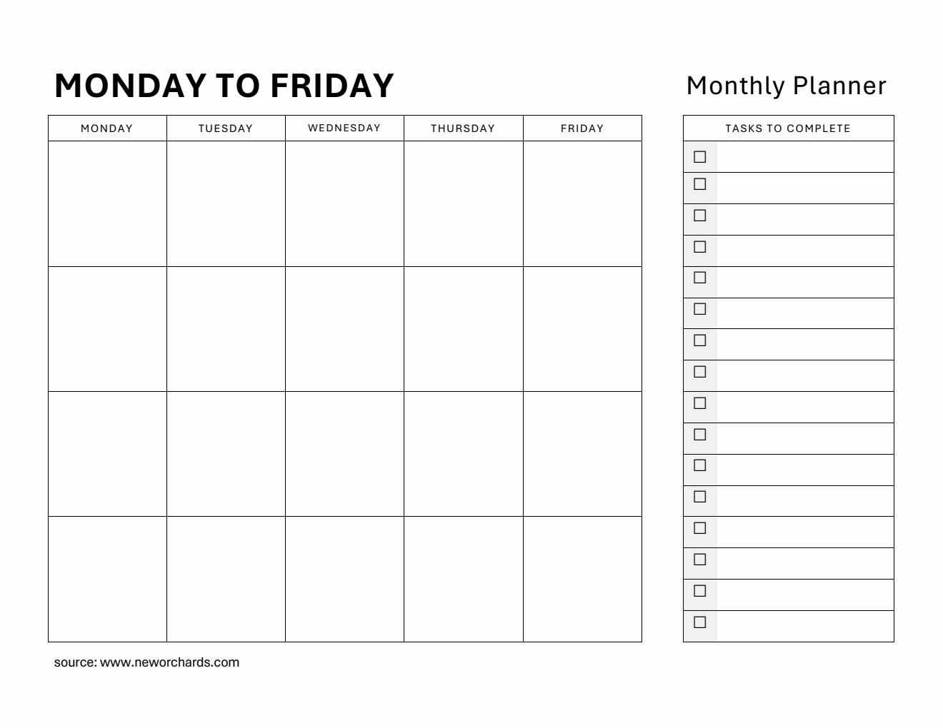 Printable Monthly Planner (Monday to Friday) - PDF Template
