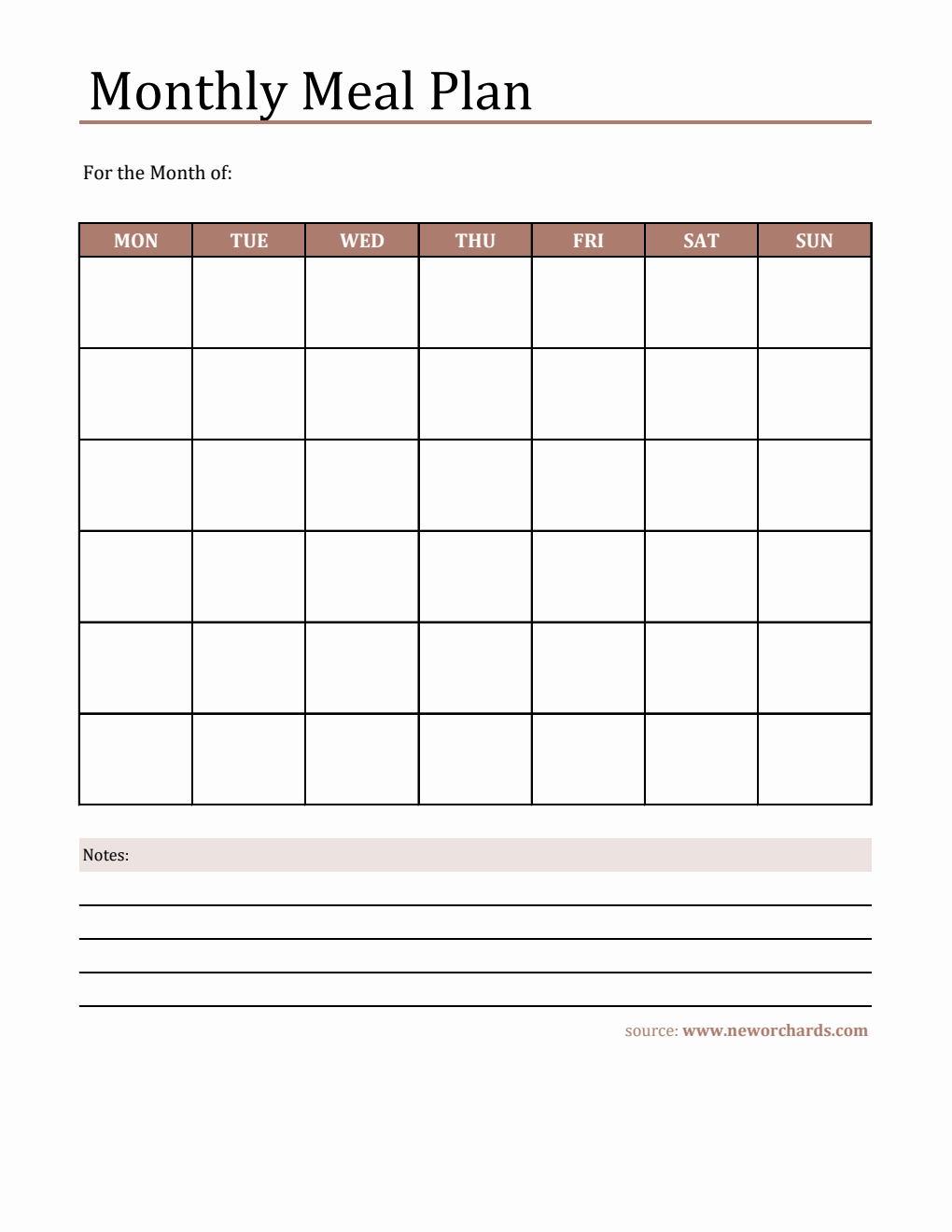 Free Downloadable Monthly Meal Plan Template - Excel