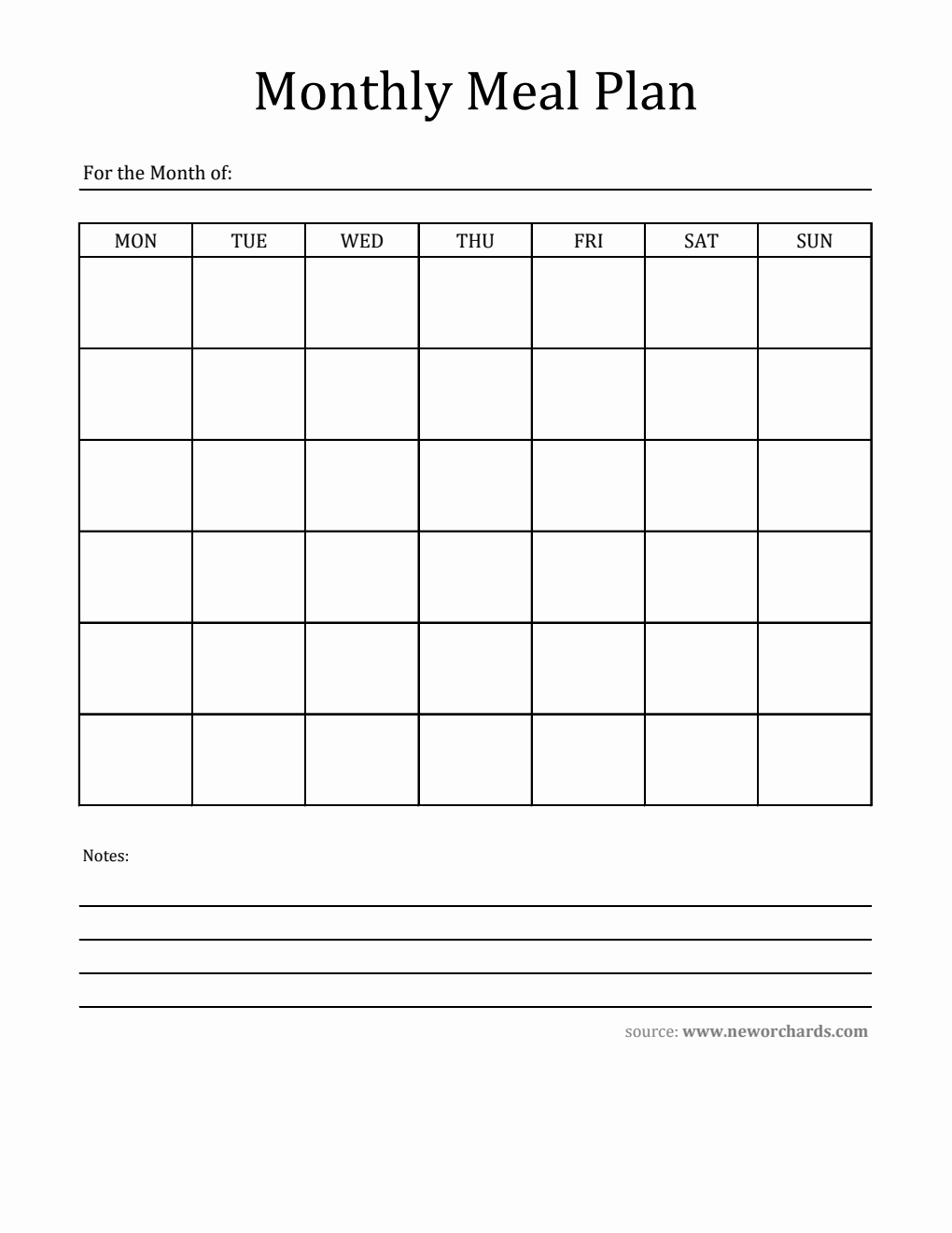 Free Printable Monthly Meal Plan Template - Excel