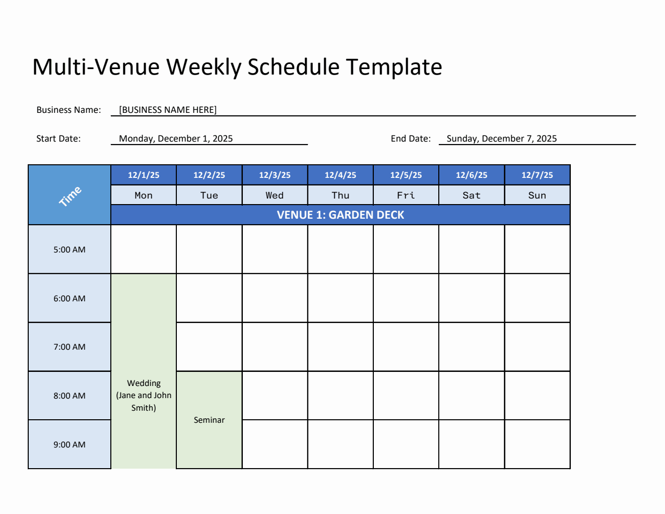 Multi-Venue Weekly Schedule Template | Free to Edit in Excel Spreadsheet