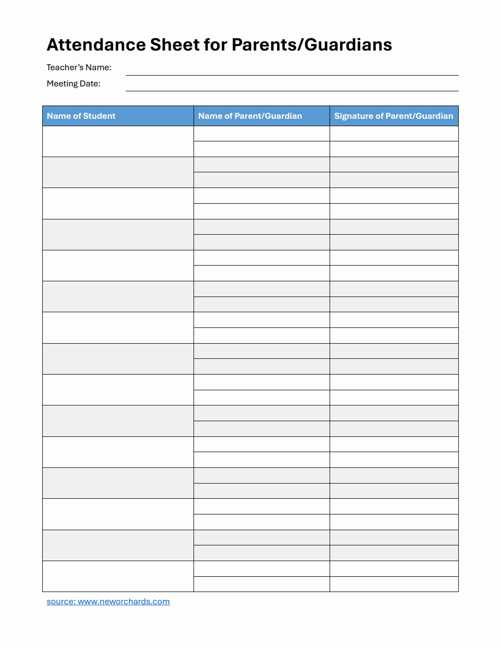 Parent-Teacher Meeting Attendance Sheet in PDF (Customizable)