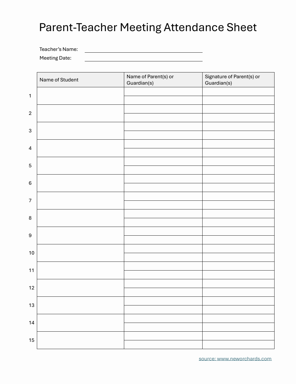 Parent-Teacher Meeting Attendance Sheet in Word (Printable)