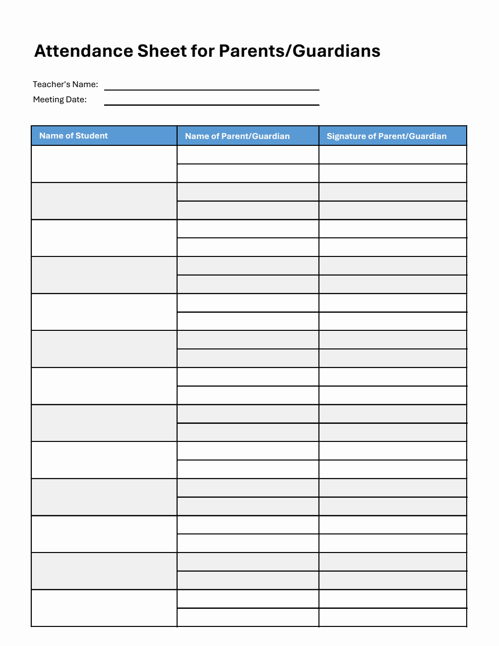 Parent-Teacher Meeting Attendance Sheet in Excel (Customizable)