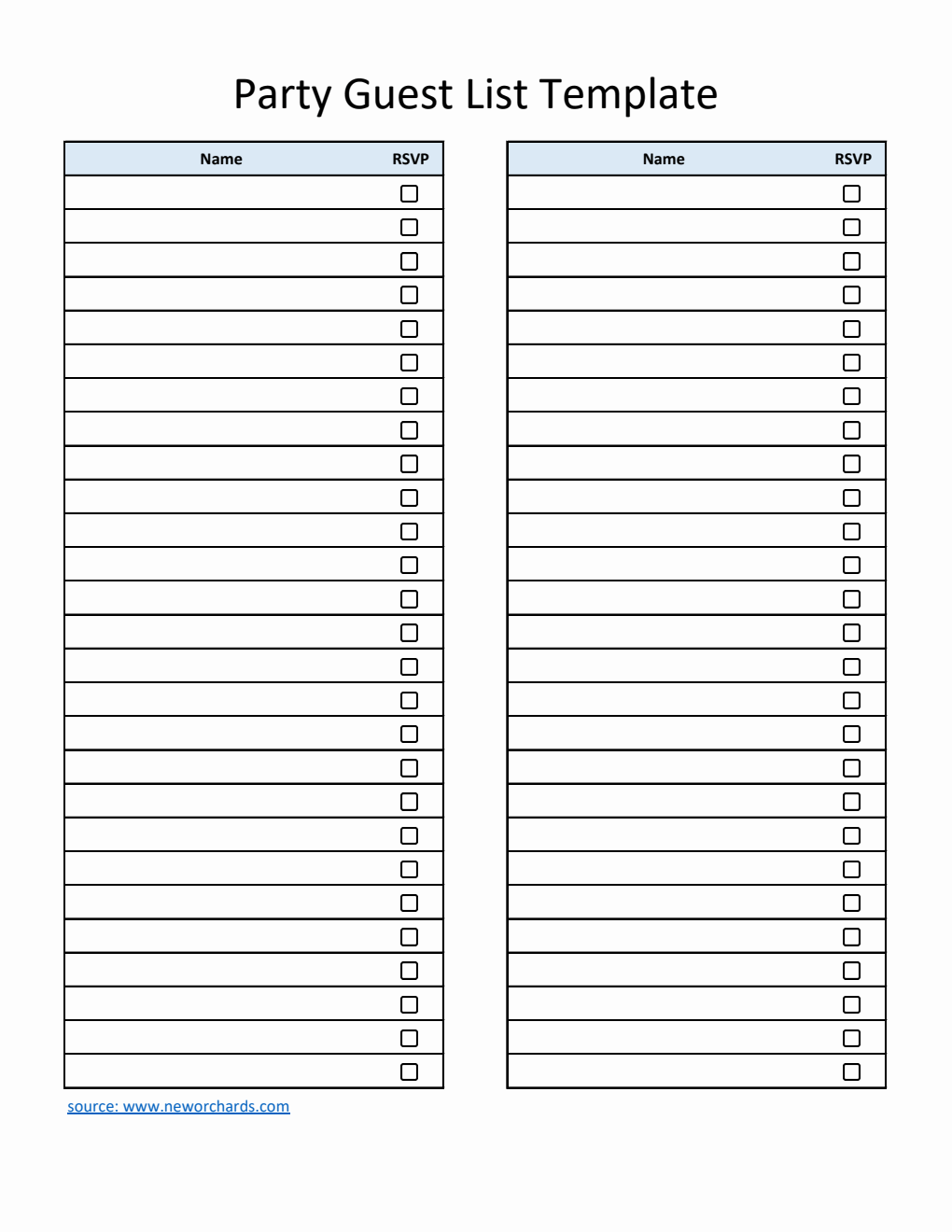 Basic Party Guest List Template Excel (Simple)