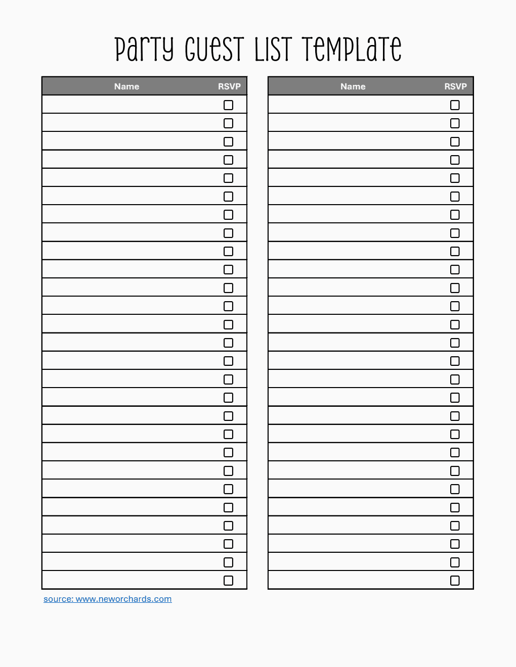 Basic Party Guest List Template Excel (Striped)