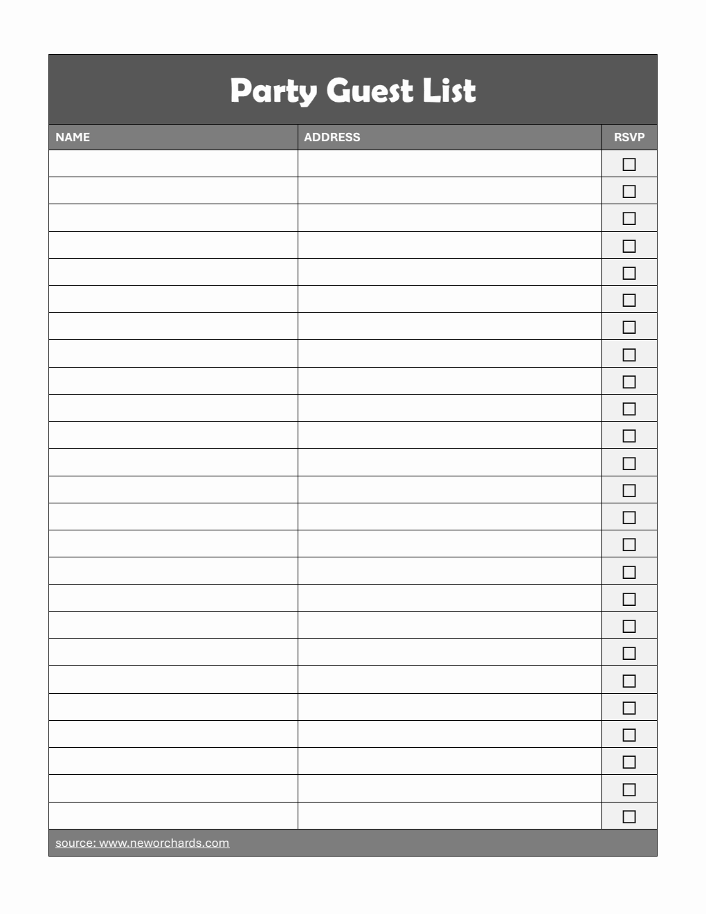 Party Guest List Template in PDF Format (with Address Field)